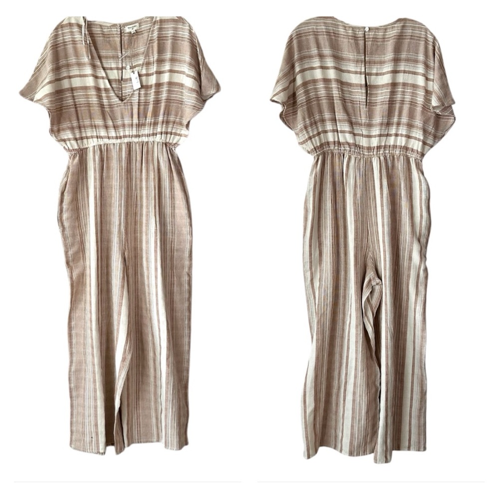 NWT WORLD MARKET Gauzy Striped Boho Wide Leg Jumpsuit Neutral Tan Cream S/M